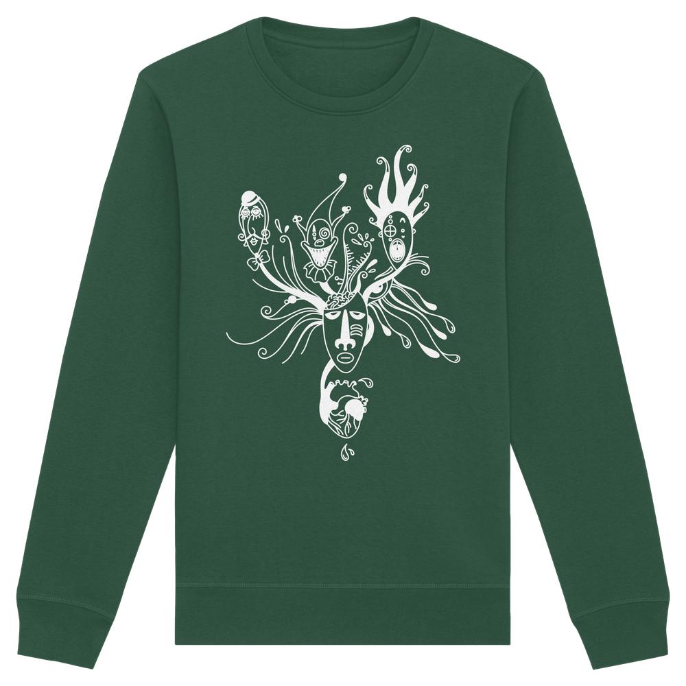 Vegan und Bio Unisex Sweatshirt: Mental Health - Behind the Mask mit abstraktem, weißem Maskenmotiv auf dunkelgrünem Hintergrund, aus Bio-Baumwolle und recyceltem Polyester.