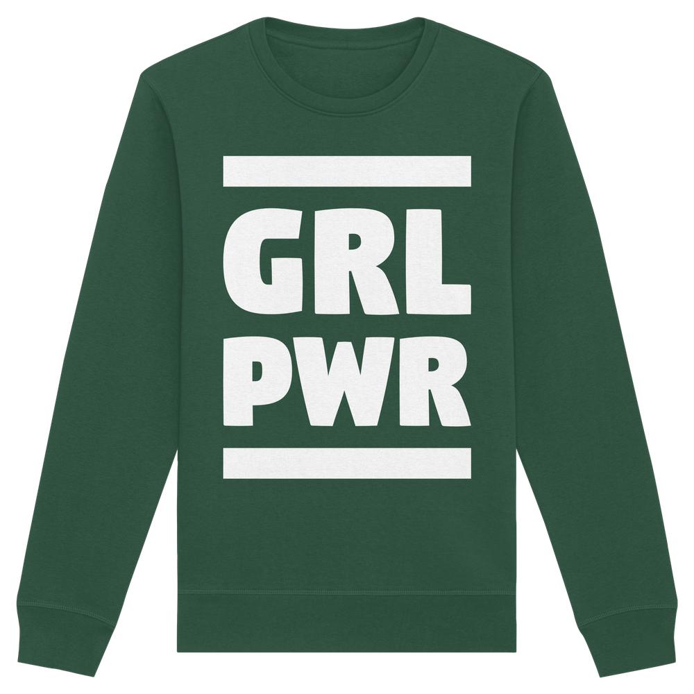 Vegan und Bio Unisex Sweatshirt: GIRL POWER mit feministischer Message, forest-grünes Crewneck-Design, GRL PWR in weißen Blockbuchstaben. Angenehme Passform, nachhaltige Materialien.