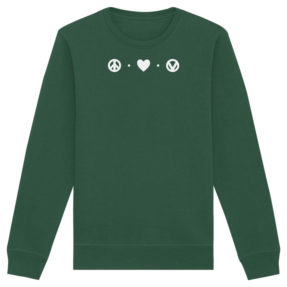 Vegan und Bio Unisex Sweatshirt: Peace - Love - Veganism, dunkelgrün, langärmelig, mit zentralem weißen Grafikprint: Friedenszeichen, Punkt, Herz, Punkt, stilisiertes „V“ im Kreis.