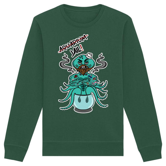 Anthropomorpher Oktopus auf Fischglas, AQUARIUM durchgestrichen, darunter JAIL!. Dunkelgrünes Sweatshirt, normaler Schnitt, Bio-Baumwolle, recyceltes Polyester. Thema: Tierrechte.