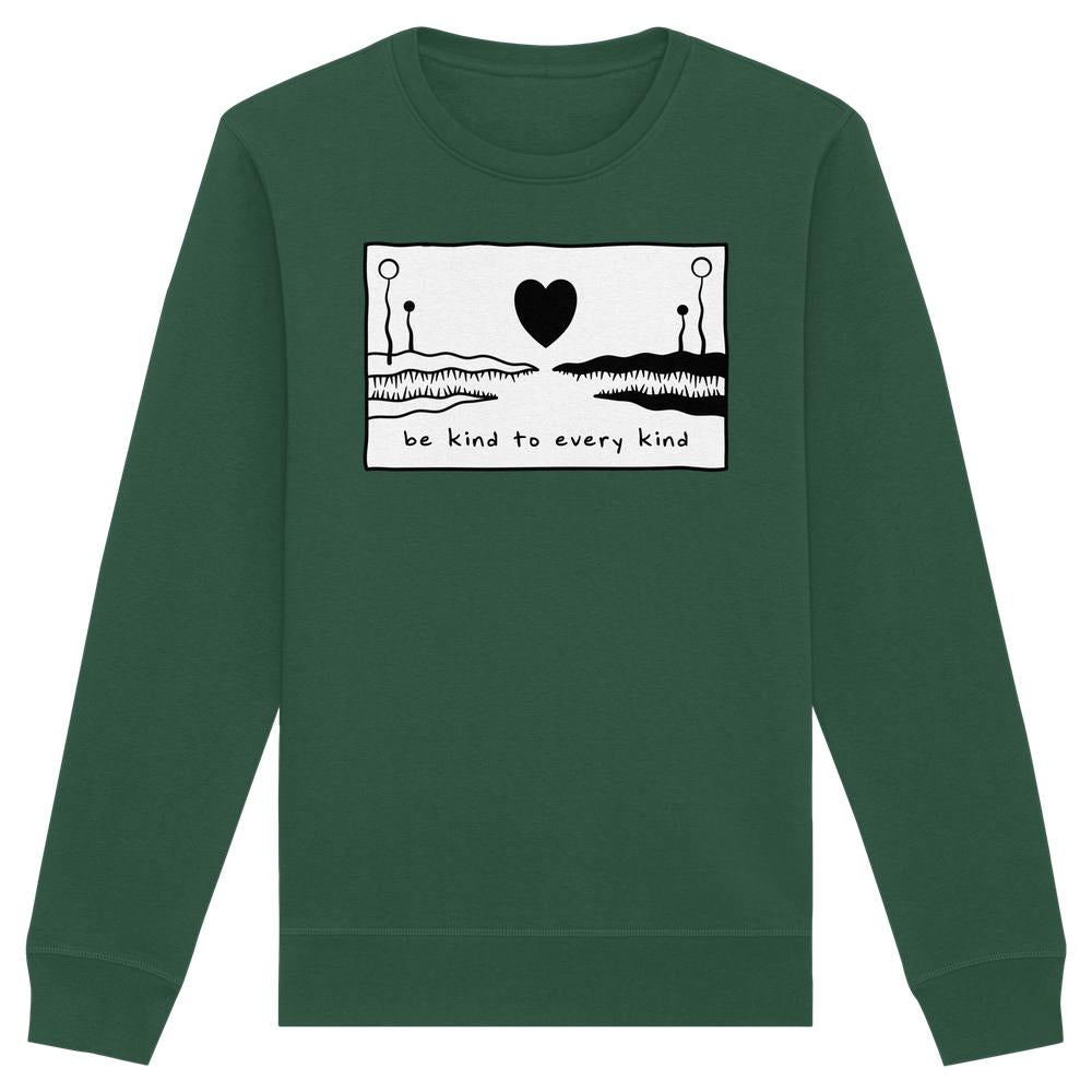 Vegan und Bio Unisex Sweatshirt: Be kind to every kind zeigt abstrakte Landformen, Pflanzen, Herz und Slogan auf einem forest-grünen Langarmshirt. Nachhaltig von RUDE REBEL.