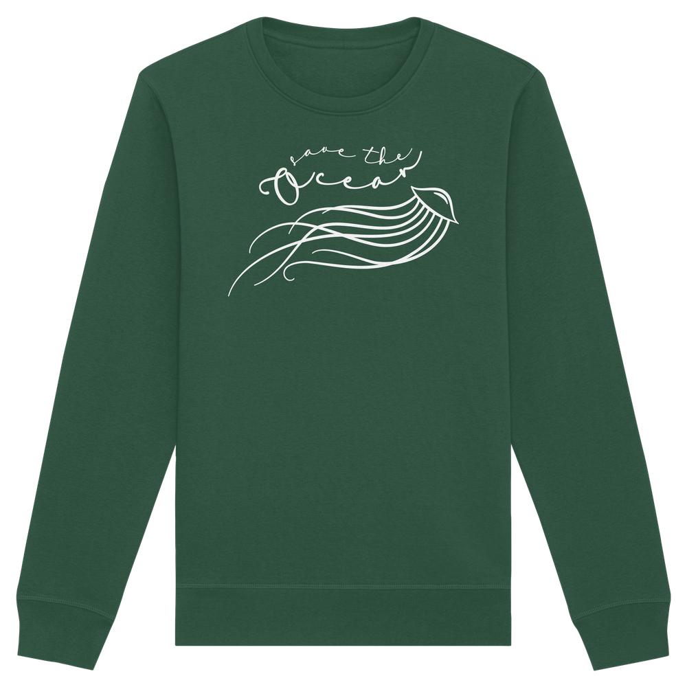 Vegan und Bio Unisex Sweatshirt: Jellyfish - Save the Ocean zeigt eine filigrane Qualle mit dem Aufruf Save the Ocean auf einem dunkelgrünen, langärmeligen Pullover.