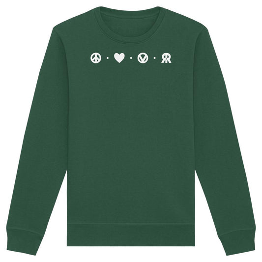 Vegan und Bio Unisex Sweatshirt: Peace - Love - Veganism - RUDE REBEL, zeigt weiße Symbole: Friedenszeichen, Herz, V im Kreis, stilisiertes R auf grünem Hintergrund.