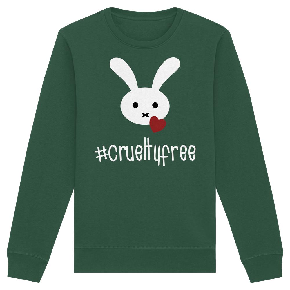 Vegan und Bio Unisex Sweatshirt: Crueltyfree Bunny BIG mit aufgedrucktem Hasenmotiv und #crueltyfree-Slogan, aus Bio-Baumwolle und recyceltem Polyester.