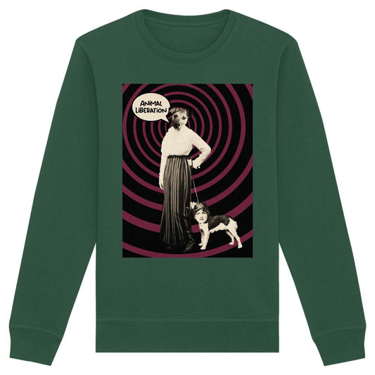 Vegan und Bio Unisex Sweatshirt: Upside Down - Animal Liberation, zeigt eine digitale Collage mit einem menschenähnlichen Hund und dem Text „ANIMAL LIBERATION“ auf einem forest-grünen Sweatshirt.