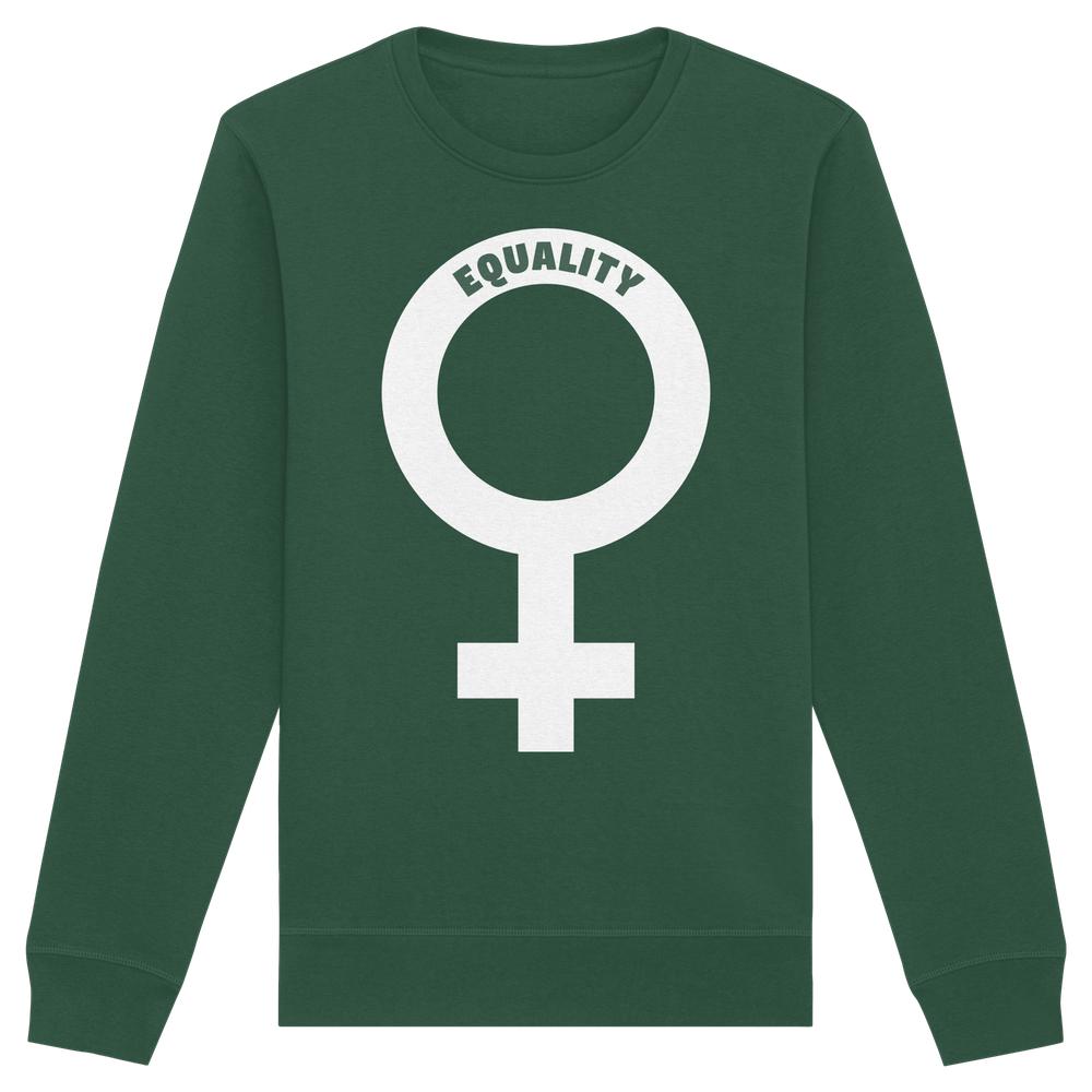 Dunkelgrünes Unisex-Sweatshirt mit Venus-Symbol und EQUALITY-Schriftzug, aus Bio-Baumwolle und recyceltem Polyester, von RUDE REBEL, für Gleichberechtigung und Nachhaltigkeit.