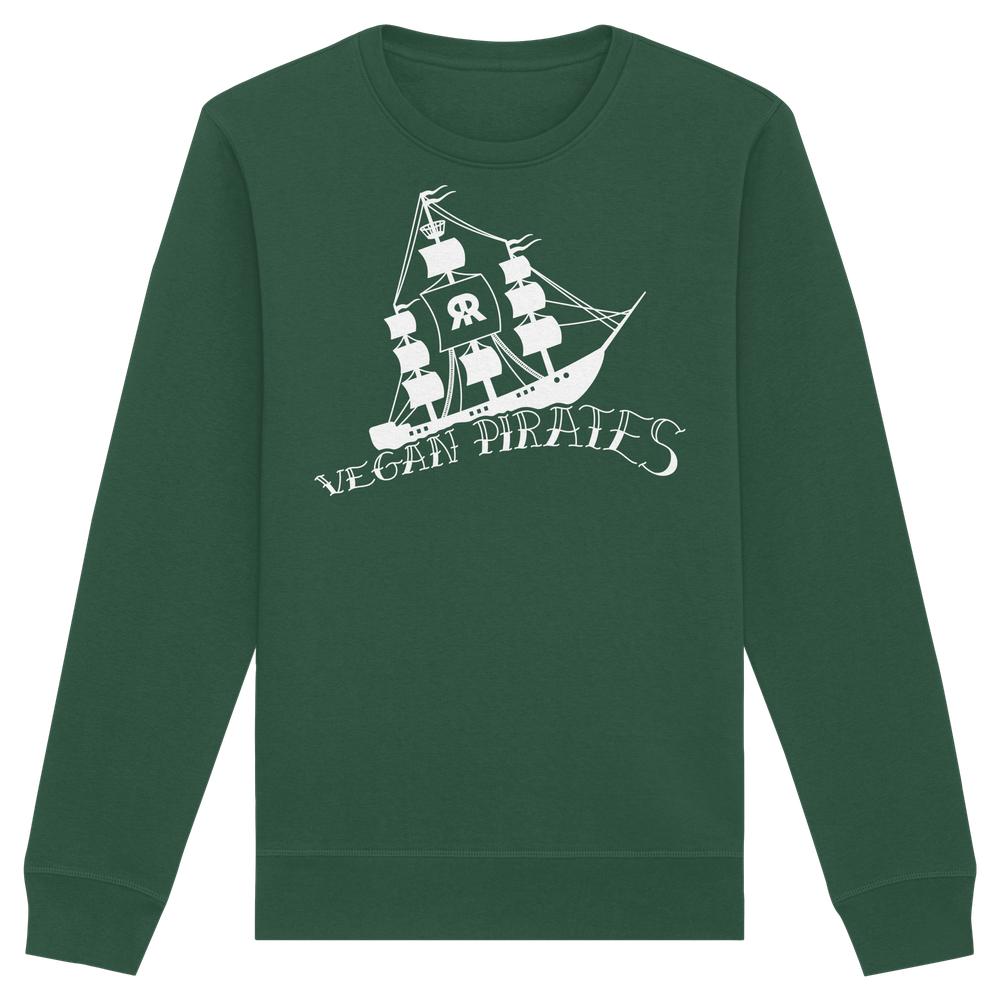 Vegan und Bio Unisex Sweatshirt: Vegan Pirates. Waldgrüner Pullover mit Piratenschiff-Design und VEGAN PIRATES-Schriftzug, gefertigt aus Bio-Baumwolle und recyceltem Polyester.