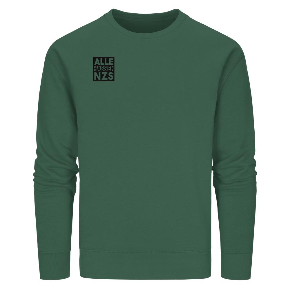 Vegan und Bio Unisex Sweatshirt mit ALLE HASSEN NZS!-Aufdruck auf der Brust, aus Bio-Baumwolle und recyceltem Polyester, designed von RUDE REBEL.