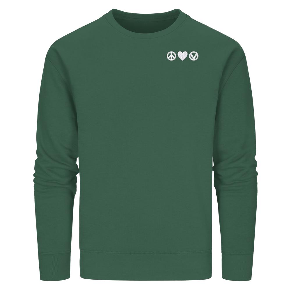 Vegan und Bio Sweatshirt bestickt: Peace - Love - Veganism. Waldgrünes Langarmshirt mit weißen Symbolen: Frieden, Herz, Vegan. Schlichtes Design, 85% Biobaumwolle, 15% recyceltes Polyester.