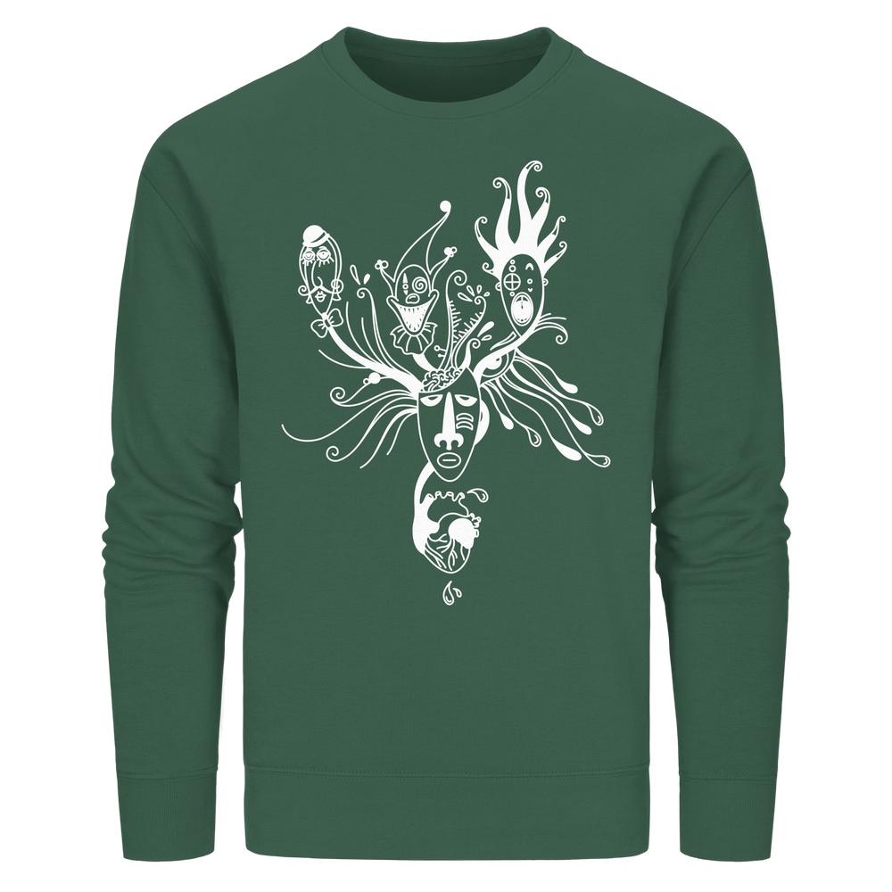 Vegan und Bio Unisex Sweatshirt: Mental Health - Behind the Mask. Waldgrünes Sweatshirt mit surrealem, weißen Druck: Maske, verzweigte Äste, kleine Figuren, anatomisches Herz.