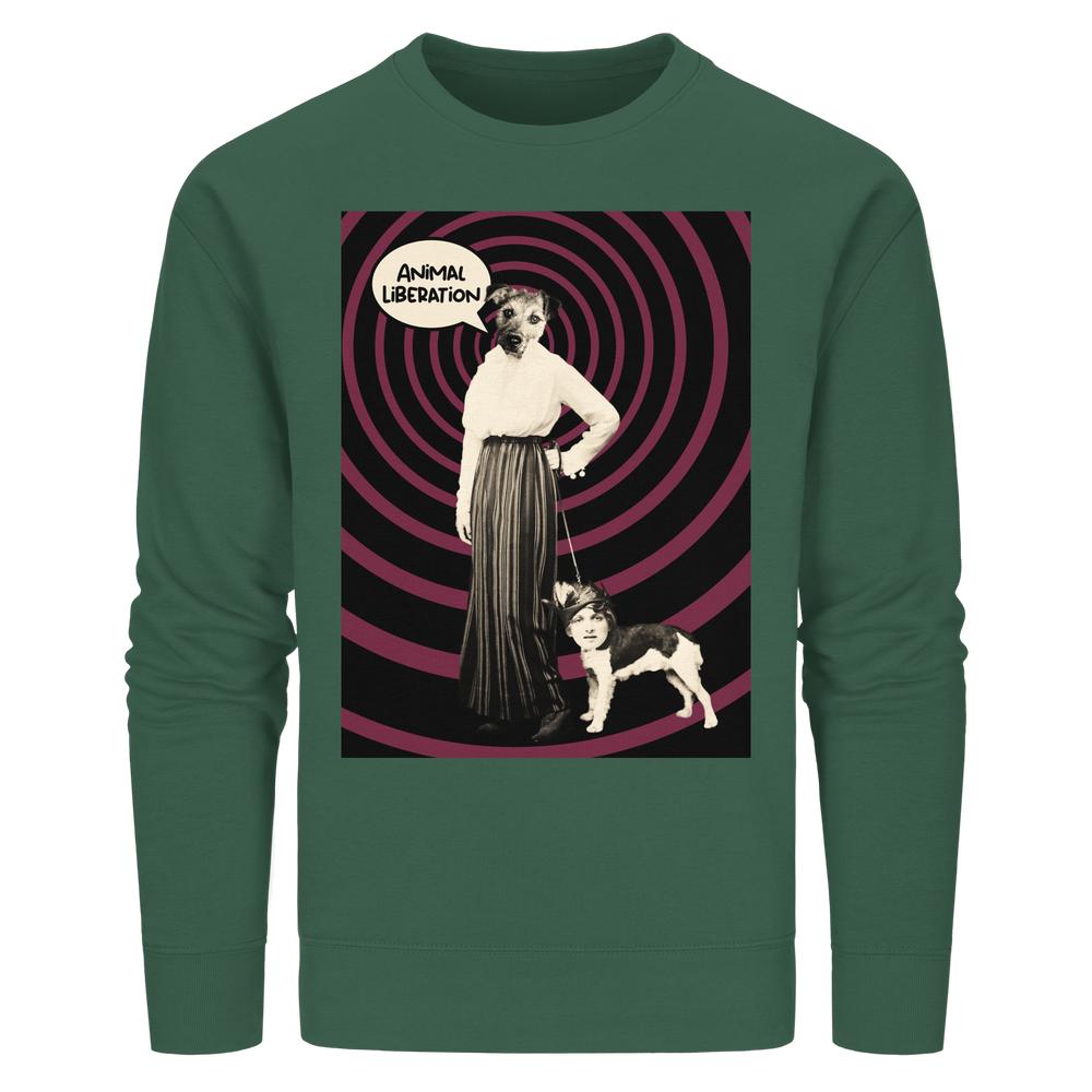 Vegan und Bio Unisex Sweatshirt Upside Down - Animal Liberation mit surrealem Hund-Mensch-Collagenmotiv, inspiriert von Tierrechten, aus Bio-Baumwolle und recyceltem Polyester.