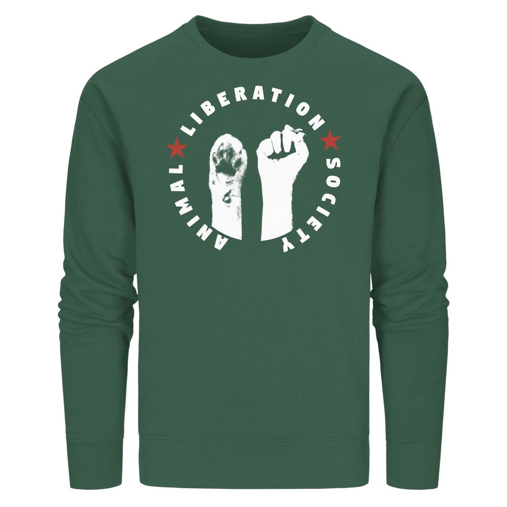 Vegan und Bio Unisex Sweatshirt: Raise paw and fist for Animal Liberation!, grünes Sweatshirt mit Emblem von Tierpfote und Menschenfaust, symbolisiert Tierrechte.
