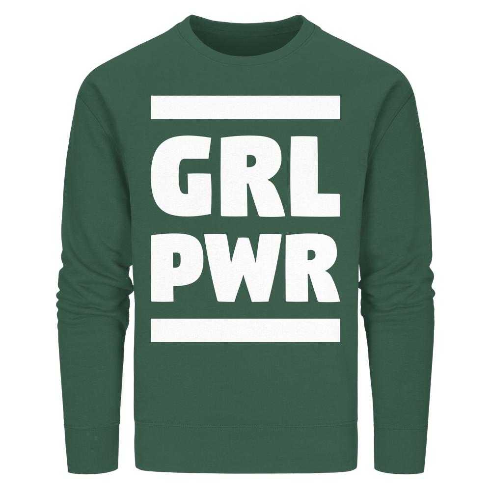 Unisex Sweatshirt mit GRL PWR-Slogan in Weiß, aus Bio-Baumwolle und recyceltem Polyester, normaler Schnitt, designed von RUDE REBEL für eine starke feministische Botschaft.