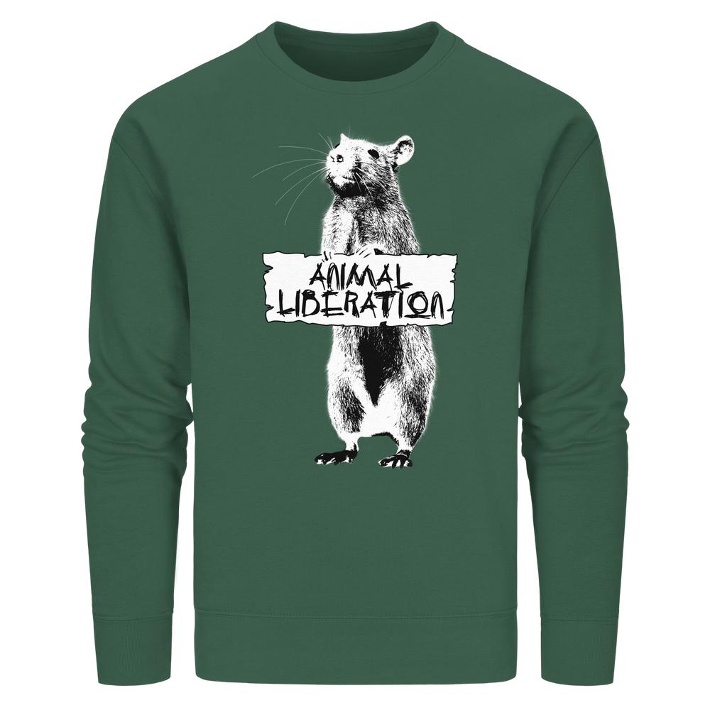 Vegan und Bio Unisex Sweatshirt: Rat for Animal Liberation mit Banksy-inspirierter Grafik eines Rattenmotivs und ANIMAL LIBERATION-Schild, nachhaltige Materialien, normale Passform.