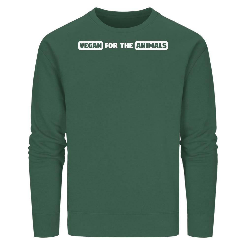 Vegan und Bio Unisex Sweatshirt: VEGAN FOR THE ANIMALS. Langarm-Sweatshirt mit weißem Slogan, normaler Passform, aus Bio-Baumwolle und recyceltem Polyester, von RUDE REBEL.