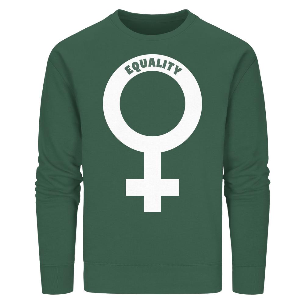 Unisex-Sweatshirt in Waldgrün mit großem weißen Venussymbol und EQUALITY-Schriftzug, aus Bio-Baumwolle und recyceltem Polyester, von RUDE REBEL, fördert Gleichberechtigung.