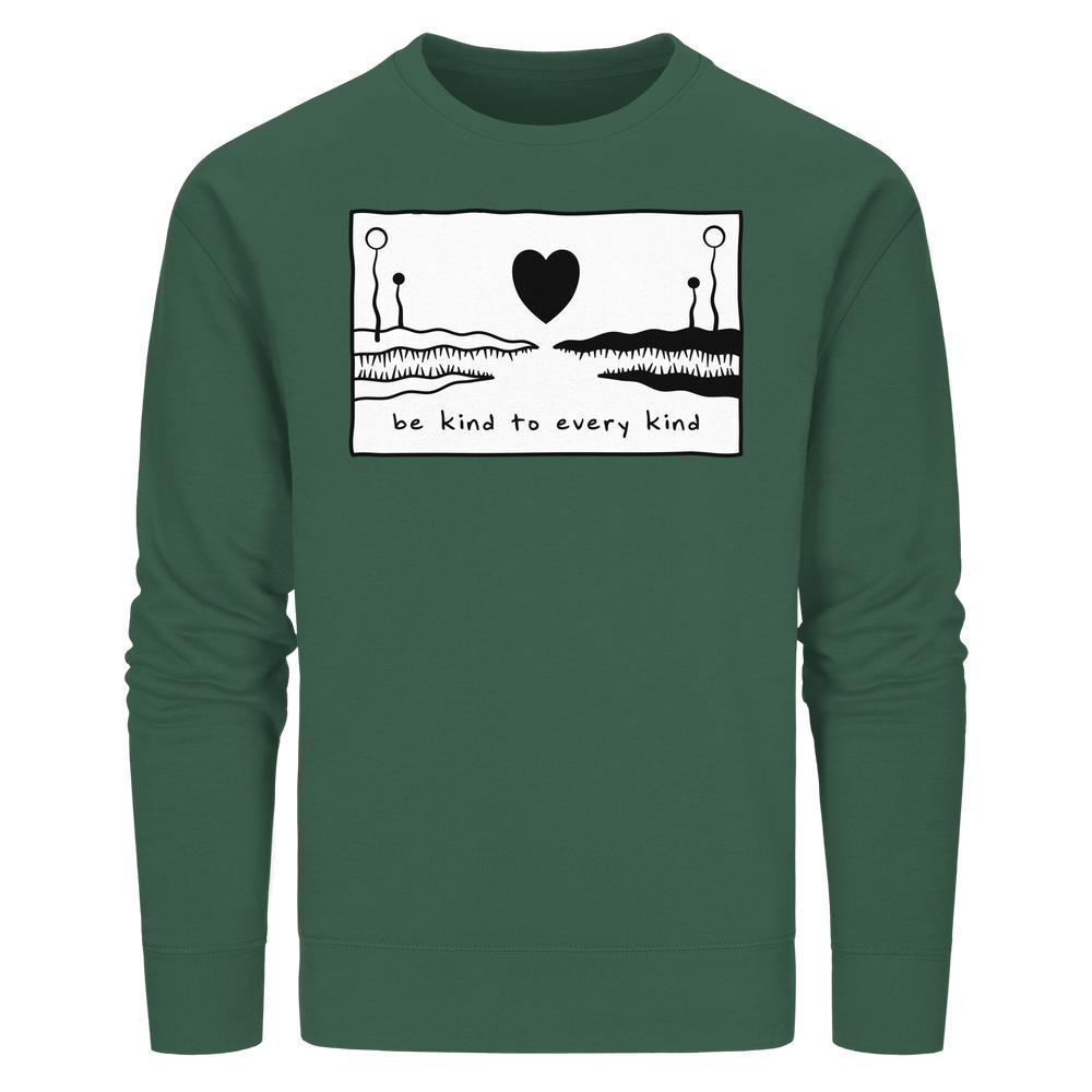 Vegan und Bio Unisex Sweatshirt: Be kind to every kind in Waldgrün, mit handgezeichnetem Design und Botschaft für Frieden und Tierrechte auf Brust.