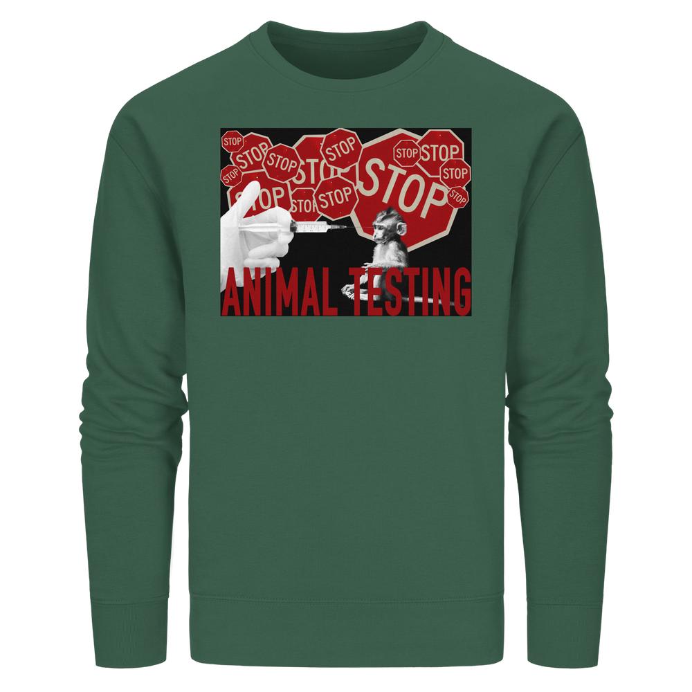Vegan und Bio Unisex Side Pocket Hoodie: STOP ANIMAL TESTING! zeigt Grafik mit Spritze, Affe und roten Stoppschildern. Hergestellt aus Bio-Baumwolle, rebellisches Design gegen Tierversuche.