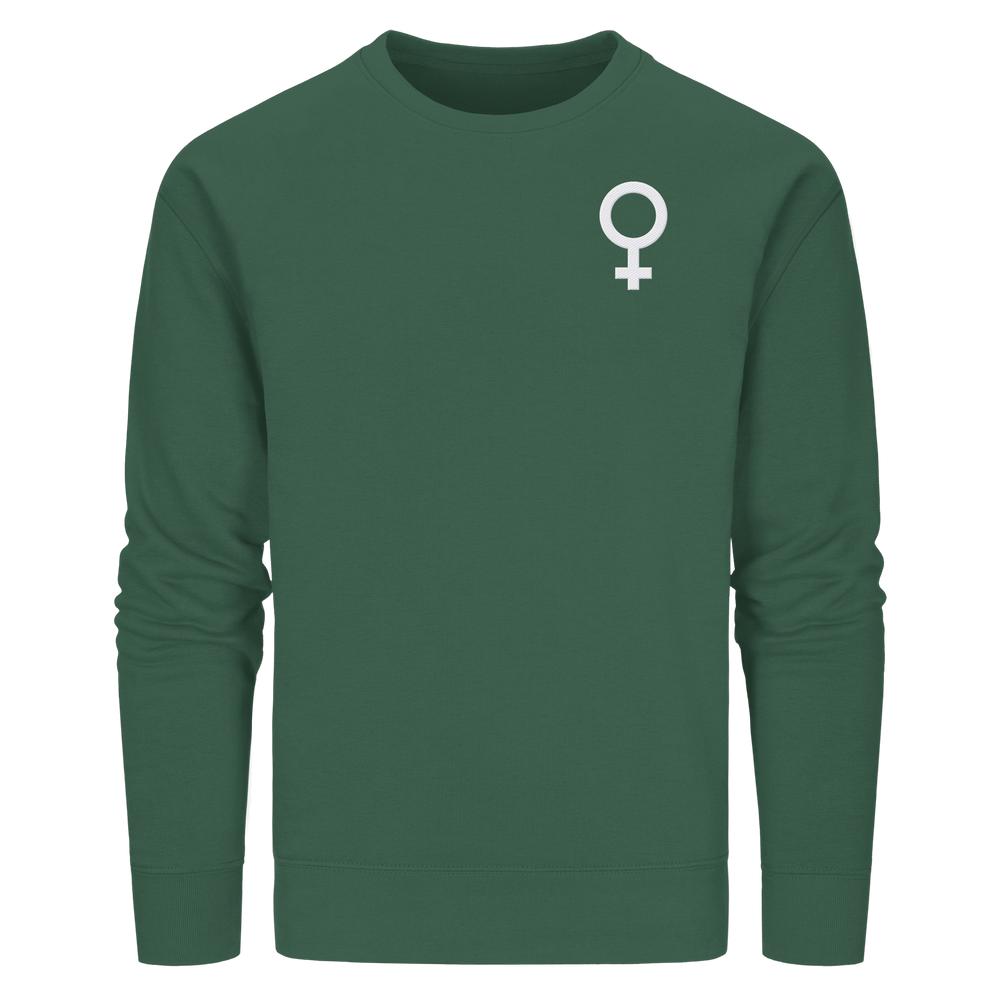 Forest-grünes Sweatshirt mit Venus-Symbol, symbolisiert den feministischen Kampf. Nachhaltig aus Bio-Baumwolle und recyceltem Polyester, von RUDE REBEL.