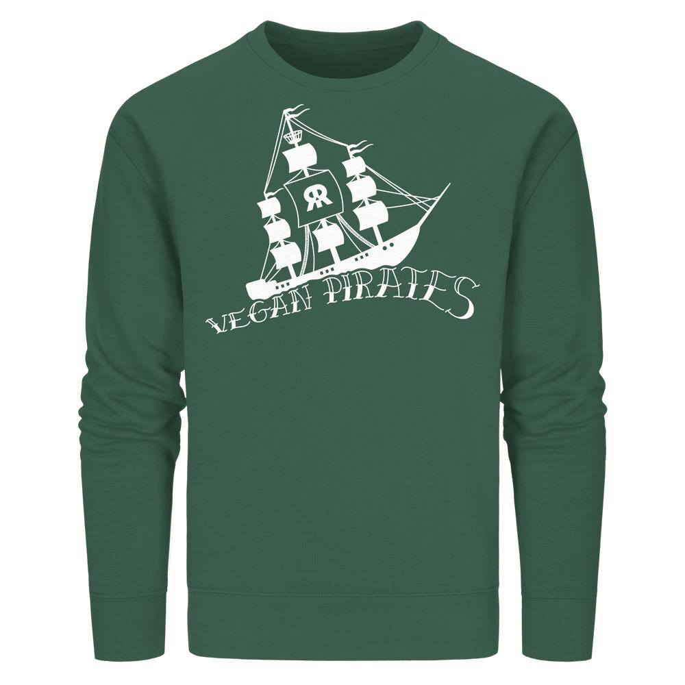 Vegan und Bio Unisex Sweatshirt: Vegan Pirates mit einem stilisierten Segelschiff und Schriftzug, repräsentiert vegane Überzeugungen. Hergestellt aus Bio-Baumwolle und recyceltem Polyester.