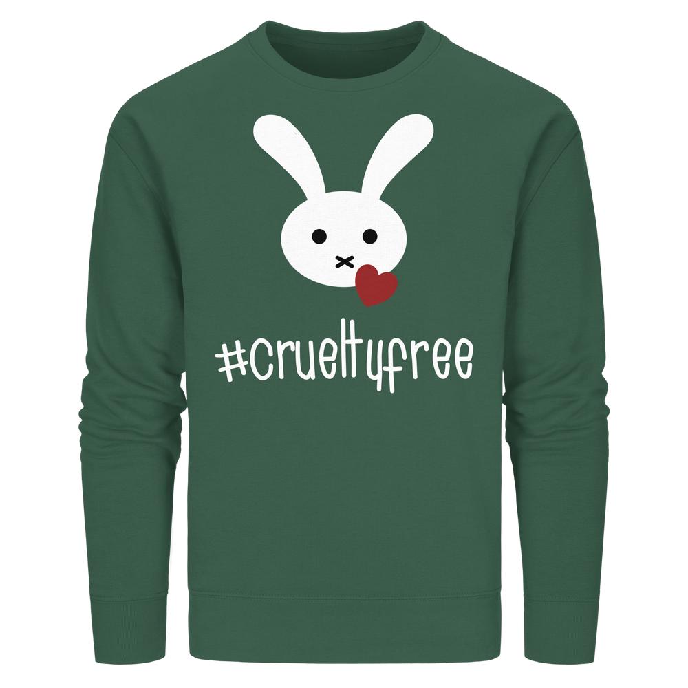 Vegan und Bio Unisex Sweatshirt: Crueltyfree Bunny BIG mit stilisiertem Hasengesicht und Herzmotiv, aus Biobaumwolle und recyceltem Polyester, normaler Schnitt, betont Tierschutz und Nachhaltigkeit.