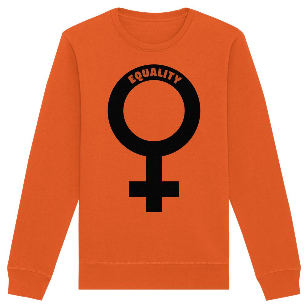 Unisex Sweatshirt mit schwarzem Venussymbol und EQUALITY-Schriftzug auf orangefarbenem Hintergrund, aus Bio-Baumwolle und recyceltem Polyester, von RUDE REBEL.