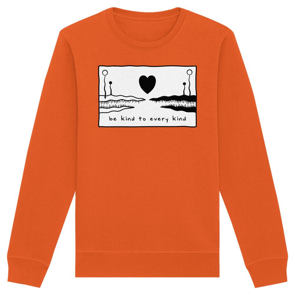 Vegan und Bio Unisex Sweatshirt: Be kind to every kind, mit abstraktem Grafikdruck und Botschaft, aus Bio-Baumwolle und recyceltem Polyester, normaler Schnitt.