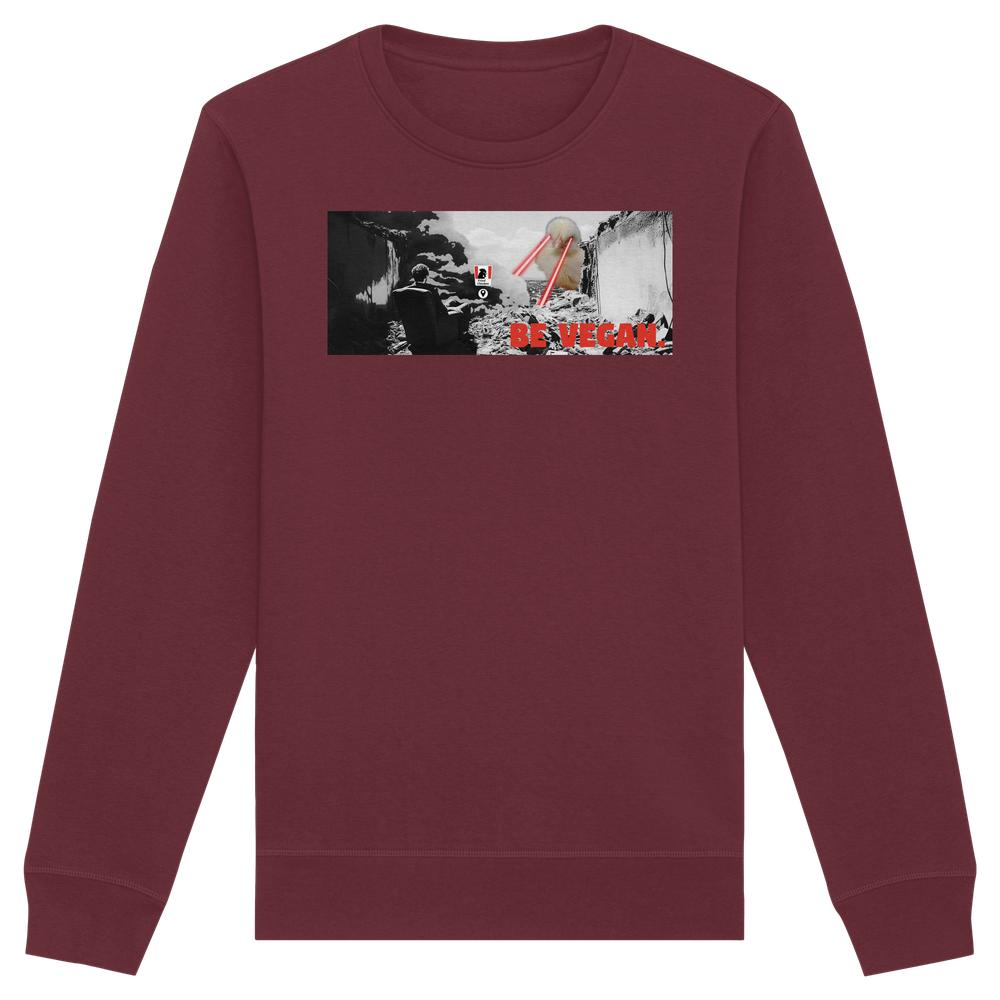 Burgunderfarbenes Sweatshirt mit langem Ärmel und postapokalyptischem Druck BE VEGAN. in Rot. Hergestellt aus Bio-Baumwolle und recyceltem Polyester.