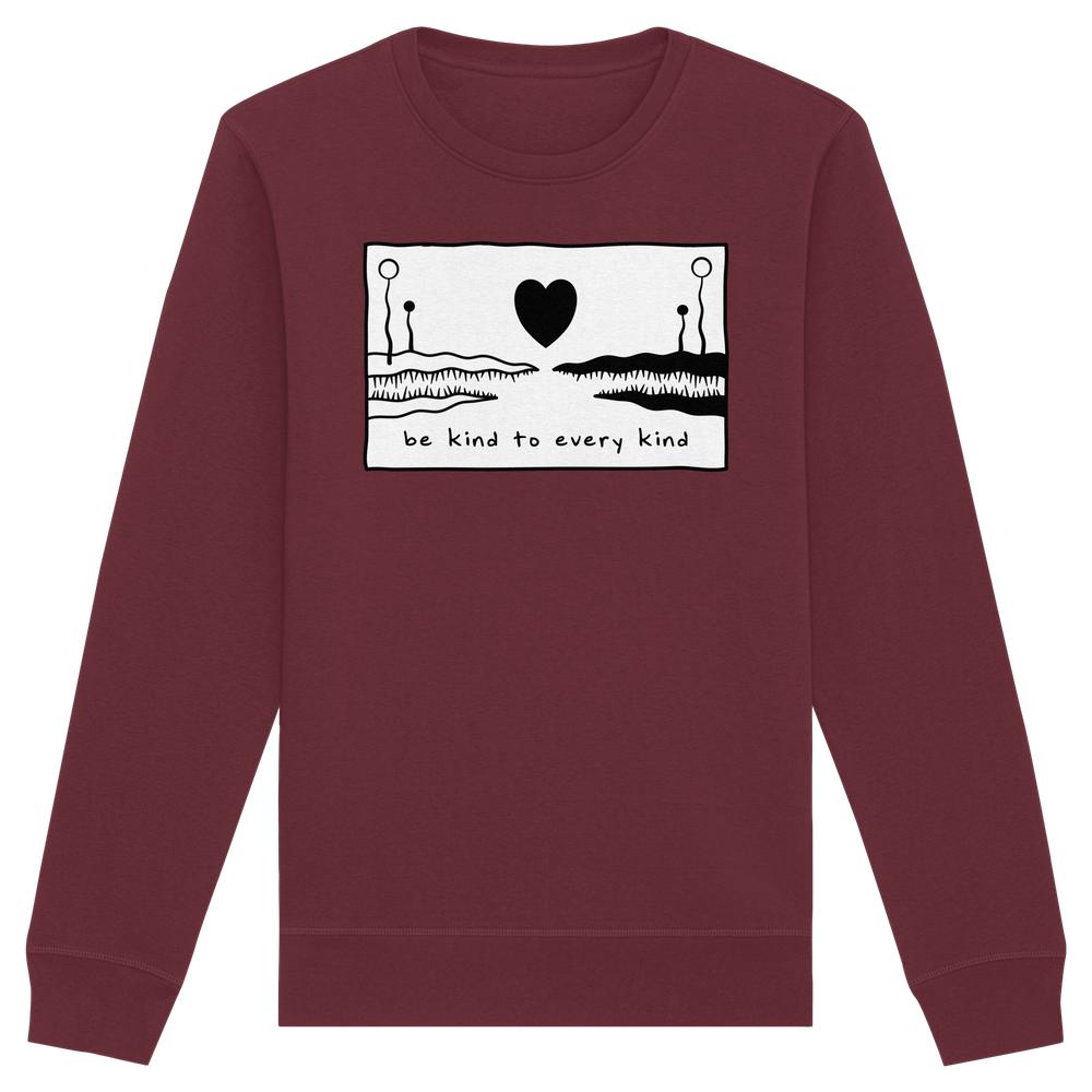Unisex Sweatshirt mit Slogan “be kind to every kind”, maroon, Grafik mit Herz und abstrakten Formen, aus Bio-Baumwolle und recyceltem Polyester von RUDE REBEL.