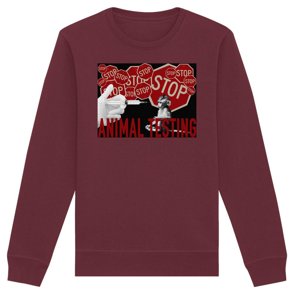 Vegan und Bio Unisex Side Pocket Hoodie: STOP ANIMAL TESTING! zeigt ein Statement-Design mit Anti-Tierversuchs-Grafik, hervorgehoben durch Stoppschilder und ein klares Tierrechtsmotiv.