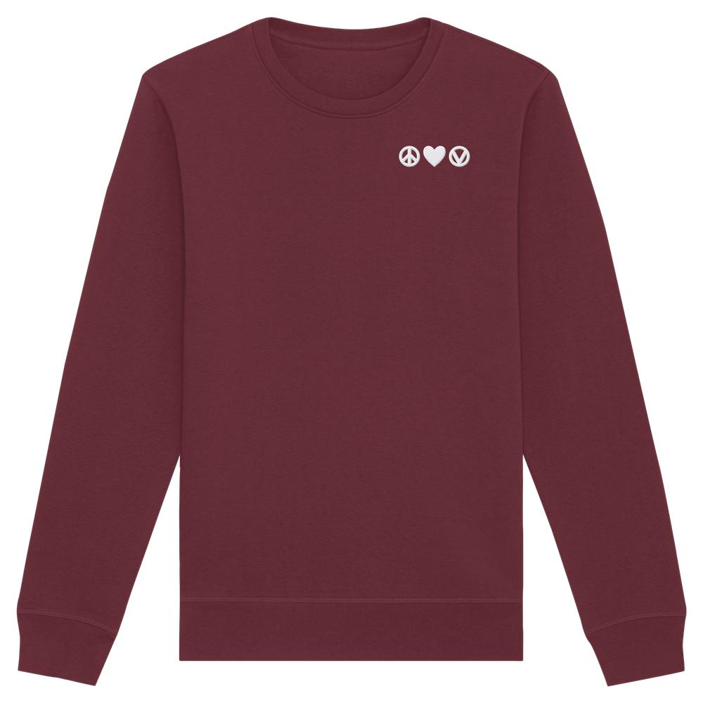 Maroones Sweatshirt Peace - Love - Veganism, bestickt mit Friedenszeichen, Herz und Vegan-Logo auf der Brust; aus biologischer Baumwolle und recyceltem Polyester bei RUDE REBEL.