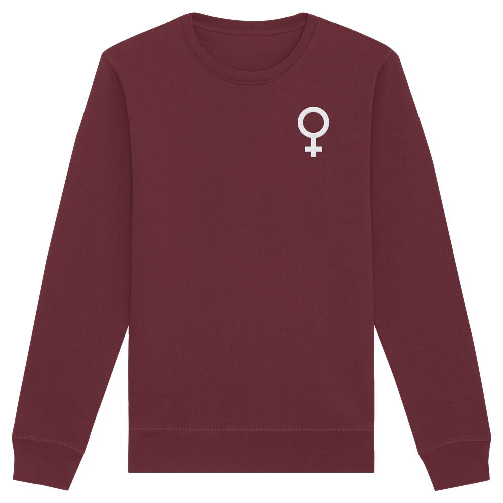 Burgundy Langarm-Sweatshirt mit Venus-Symbol auf der Brust, symbolisiert den feministischen Kampf. Hergestellt aus Bio-Baumwolle und recyceltem Polyester.