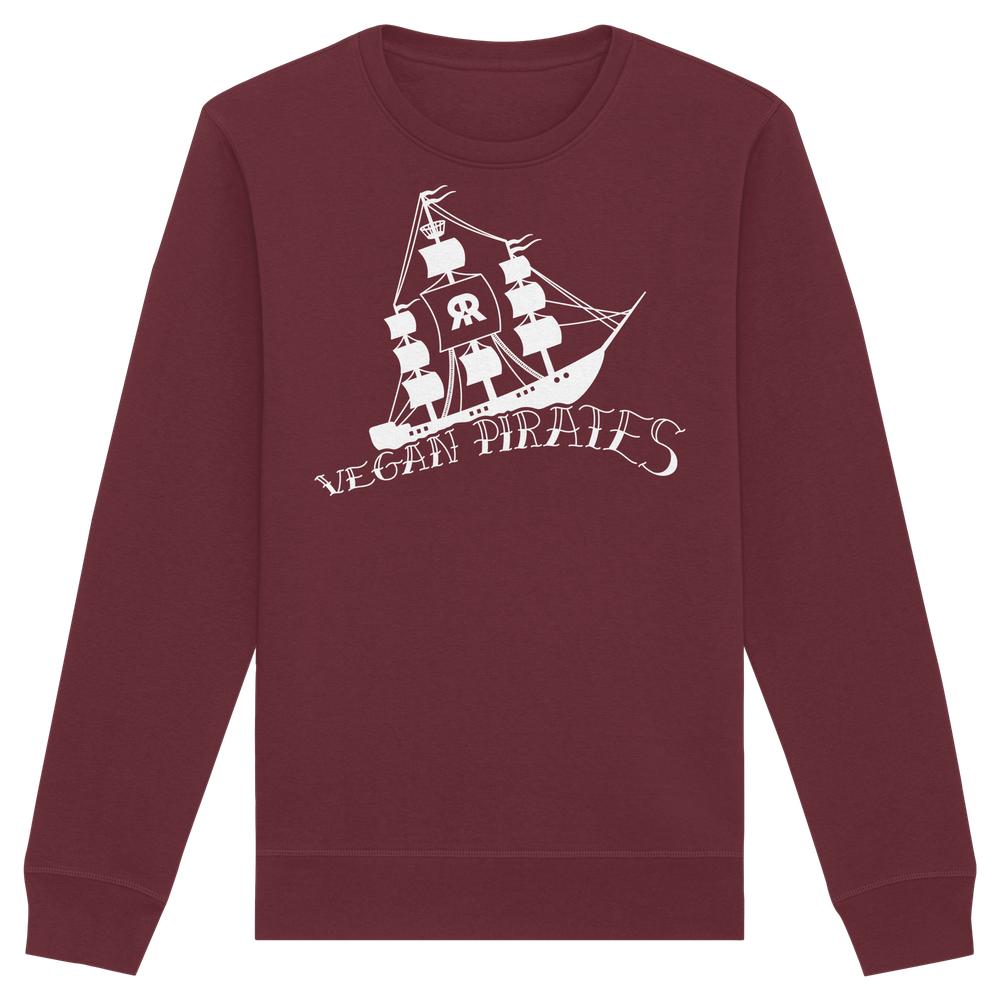 Unisex Sweatshirt Vegan Pirates mit weißem Segelschiff-Grafik und Schriftzug auf maroonem Stoff, Bio-Baumwolle und recyceltem Polyester, normaler Schnitt, rebellisch-veganes Design.
