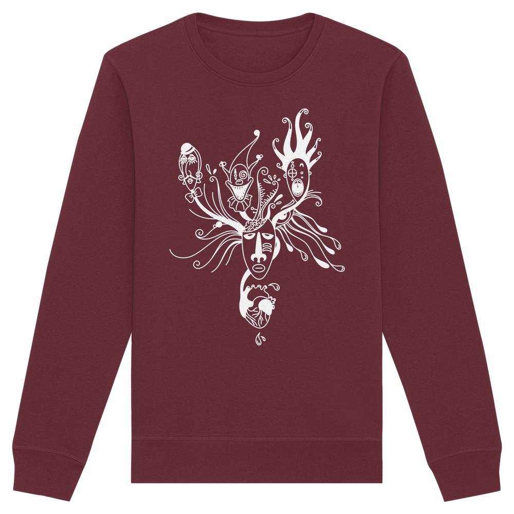 Vegan und Bio Unisex Sweatshirt: Mental Health - Behind the Mask, mit surrealem, weißem Linienstil-Gesichtsdruck, bestehend aus Gesichtern und anatomischem Herz, aus Bio-Baumwolle und recyceltem Polyester.