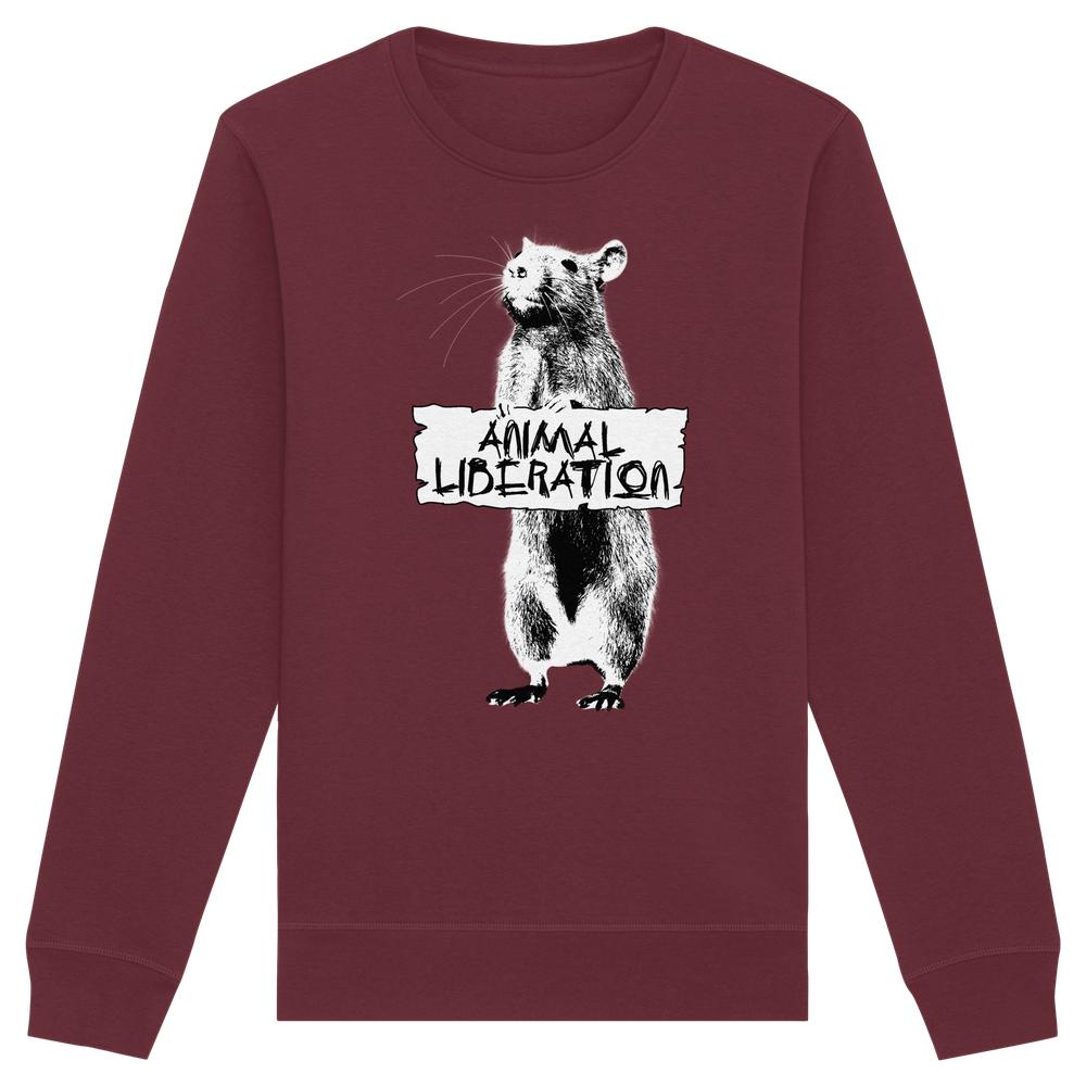 Unisex Sweatshirt Rat for Animal Liberation mit Rattenmotiv und ANIMAL LIBERATION-Schild, inspiriert von Banksy. Hergestellt aus Bio-Baumwolle und recyceltem Polyester.