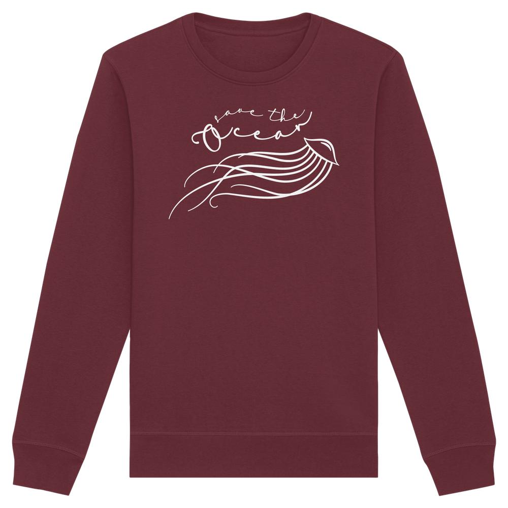 Vegan und Bio Unisex Sweatshirt: Jellyfish - Save the Ocean, burgunderrotes Sweatshirt mit minimalistischem Quallenmotiv und Slogan, nachhaltiges Design aus Bio-Baumwolle und recyceltem Polyester.