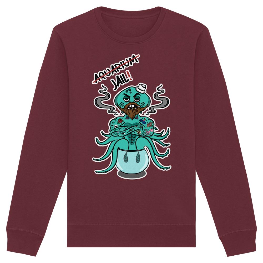 Unisex-Sweatshirt mit Cartoon-Oktopus auf Toilette, betont Tierrechtsbotschaft Aquarium=Jail!, aus Bio-Baumwollmischung.