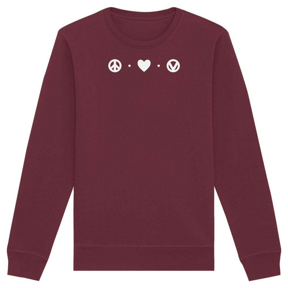 Vegan und Bio Unisex Sweatshirt: Peace - Love - Veganism, maroones Oberteil mit weißen Symbolen für Frieden, Liebe und Veganismus, aus Bio-Baumwolle und recyceltem Polyester.