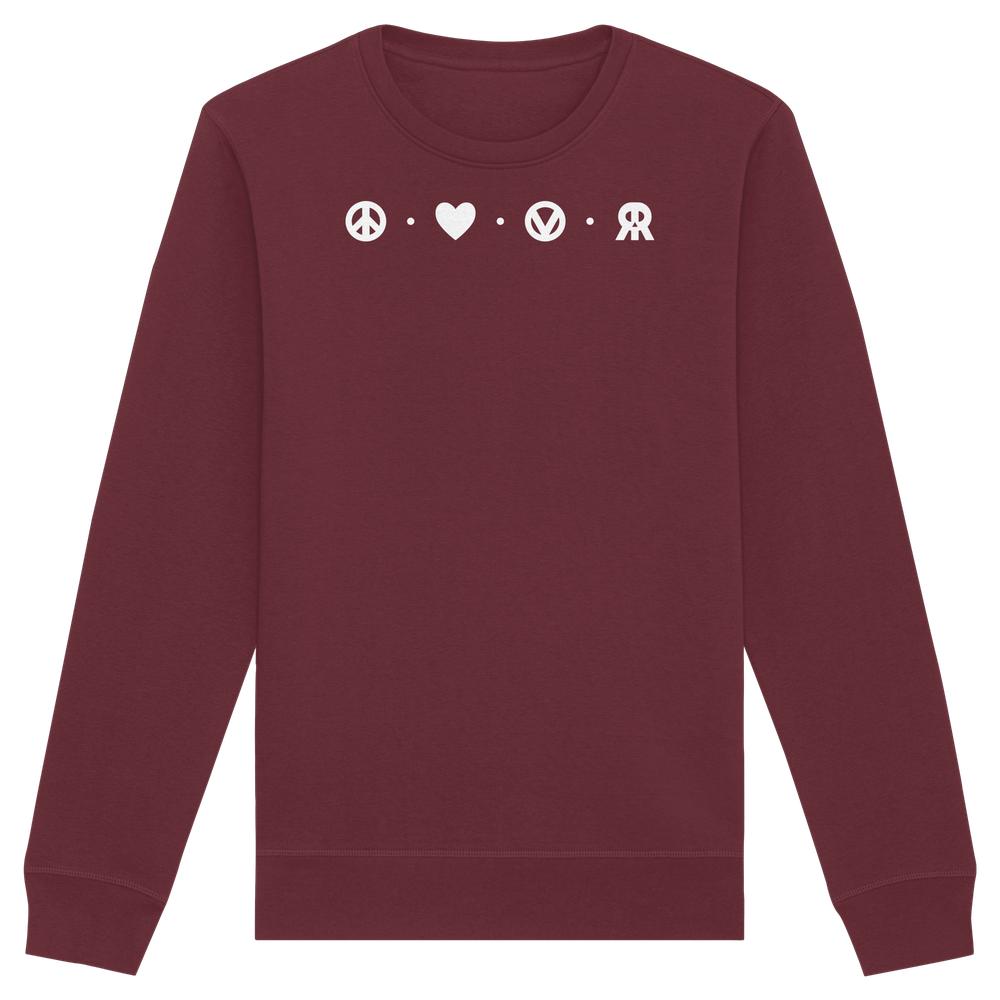 Unisex Sweatshirt mit Peace - Love - Veganism - RUDE REBEL Design: Vier weiße Symbole auf burgunderfarbenem Stoff, symbolisierend Friedfertigkeit, Liebe, Veganismus und Rebellion.