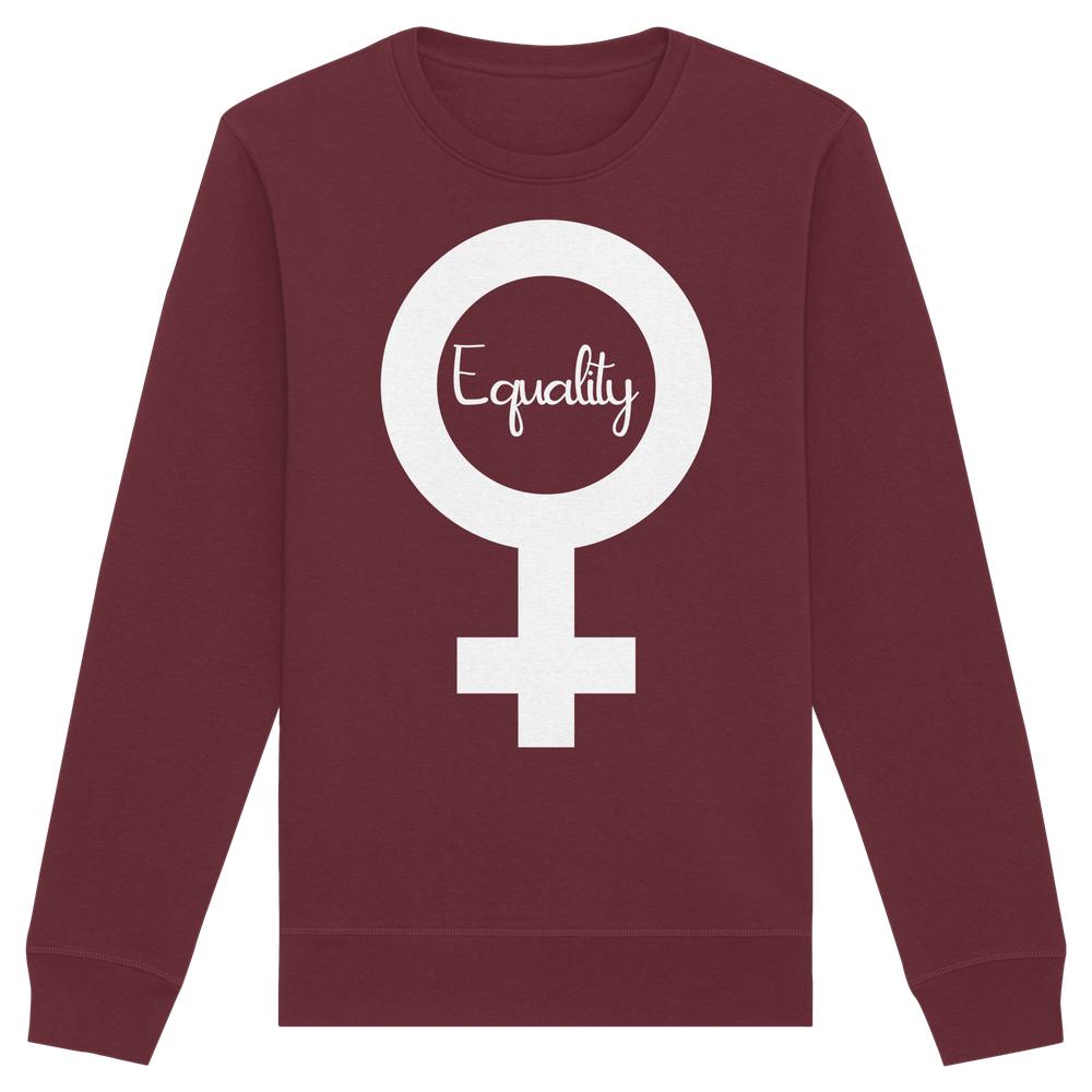 Ein maroonfarbenes Bio-Unisex-Sweatshirt mit großem weißen Venus-Symbol und dem Wort Equality in Kursivschrift, symbolisiert Feminismus und Gleichberechtigung, hergestellt von RUDE REBEL.
