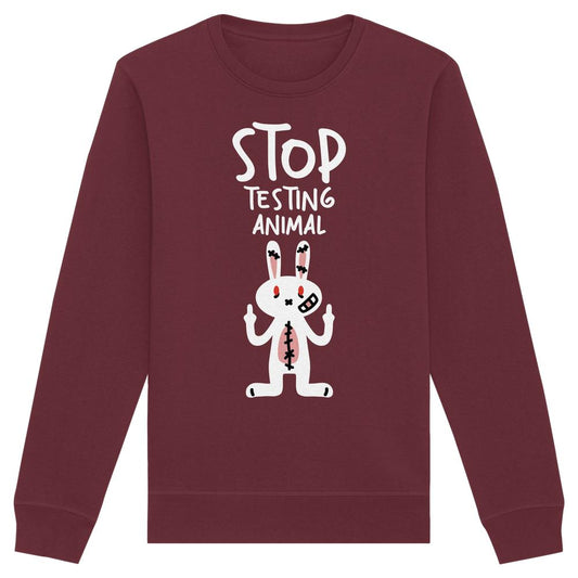 Unisex-Sweatshirt mit aufgedrucktem, stilisiertem, wütendem Cartoon-Hasen und dem Slogan STOP TESTING ANIMAL; protestiert gegen Tierversuche, aus Bio-Baumwolle und recyceltem Polyester.