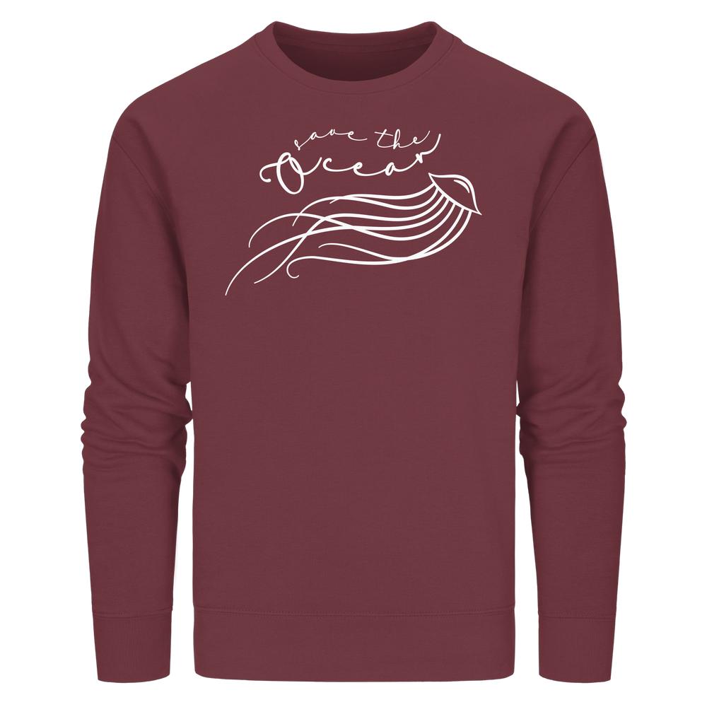 Burgundy Crewneck Sweatshirt mit weißer Jellyfish-Zeichnung und Save the Ocean-Slogan. Unisex, vegan, Bio-Baumwolle, normaler Schnitt, von RUDE REBEL.