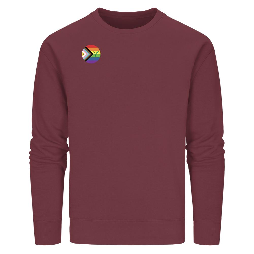 LGBTQIA+ VEGAN Crewneck-Sweatshirt mit intersex-inklusive Progress-Pride-Patch, Bio-Baumwolle und recyceltem Polyester, normaler Schnitt, von RUDE REBEL.
