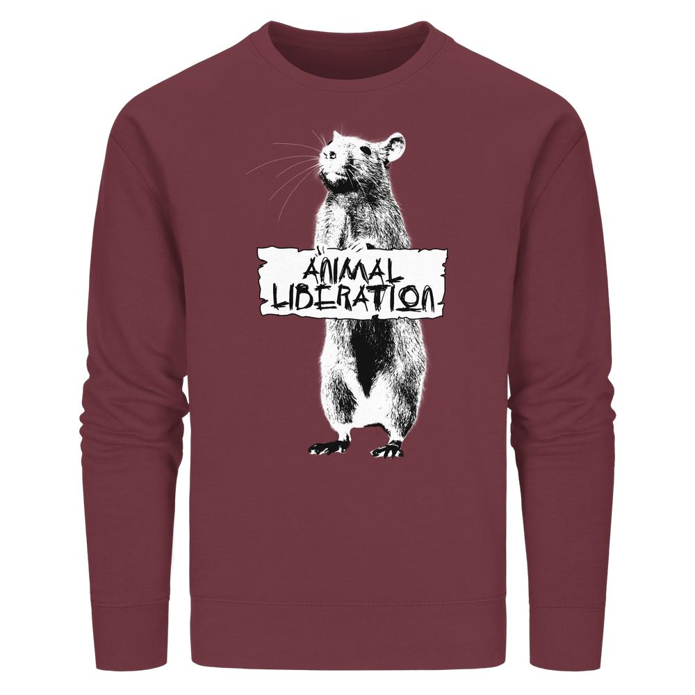 Unisex Sweatshirt mit Rattenmotiv und Animal Liberation-Text, inspiriert von Banksy. Hergestellt aus Bio-Baumwolle und recyceltem Polyester, ideal für vegane und nachhaltige Mode.
