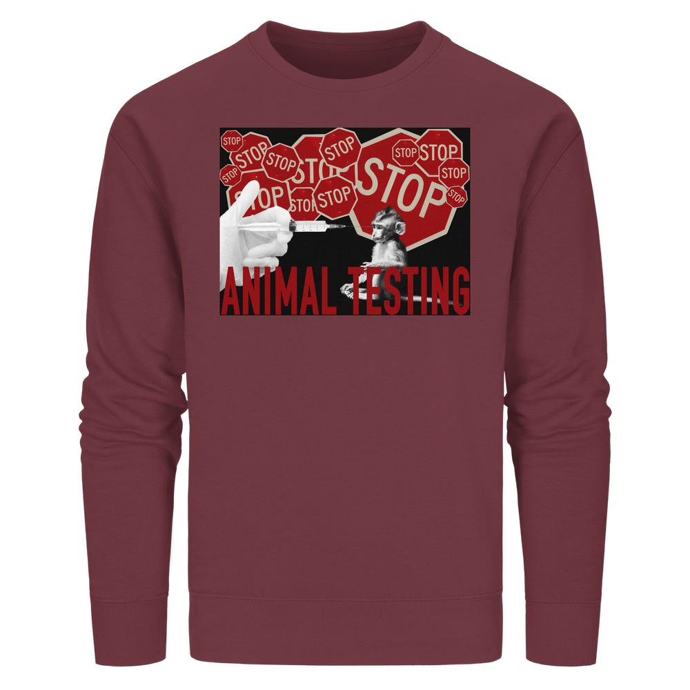 Vegan und Bio Unisex Hoodie mit Seitentaschen: STOP ANIMAL TESTING! Zeigt ein Anti-Tierversuchs-Design mit Stoppschildern, Spritze und Affe. Von RUDE REBEL.