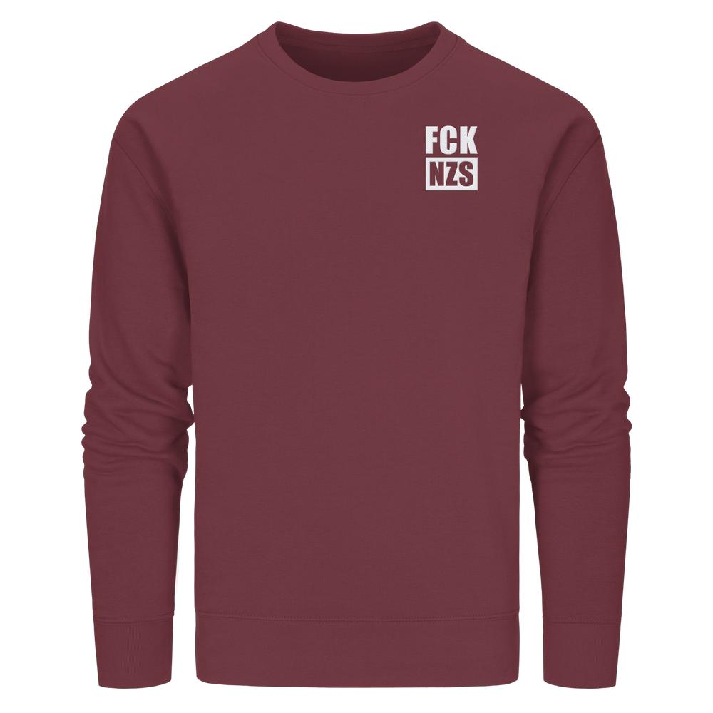 Unisex Sweatshirt mit FCK NZS-Stickerei auf der Brust, in Bio-Baumwolle und recyceltem Polyester, normale Passform, von RUDE REBEL, vegan und nachhaltig.
