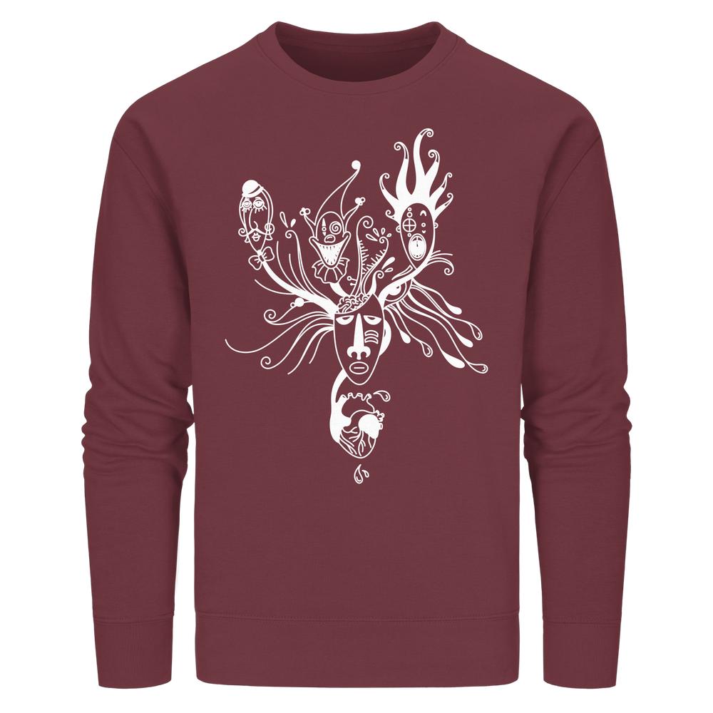 Vegan und Bio Unisex Sweatshirt: Mental Health - Behind the Mask. Maroones Sweatshirt mit abstraktem, weißen Masken- und Herzmotiv auf der Vorderseite, inspiriert von individuellen Facetten.