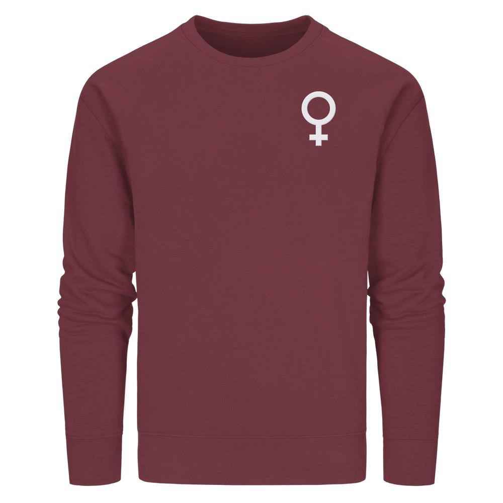Vegan und Bio Sweatshirt bestickt: Das Venussymbol - der feministische Kampf. Marooner Crewneck mit kleinem weißen Venussymbol, normale Passform, Biobaumwolle und recyceltem Polyester.
