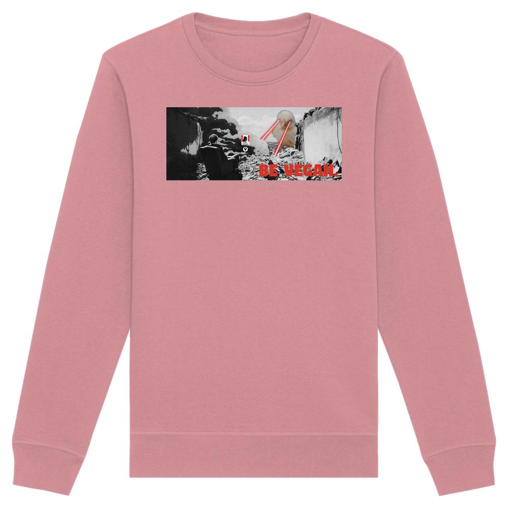 Vegan und Bio Sweatshirt: BE VEGAN mit apokalyptischem Motiv, aus Bio-Baumwolle und recyceltem Polyester. Perfekt für umweltbewusste, rebellische Mode.