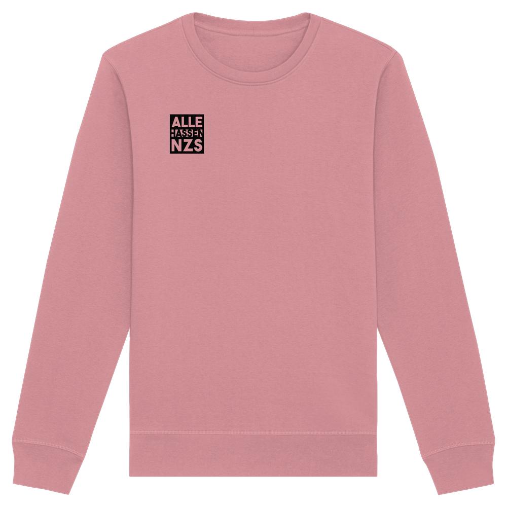 Vegan und Bio Unisex Sweatshirt: ALLE HASSEN NZS! Staubrosa mit schwarzem Slogan-Quadrat auf der Brust. Nachhaltig aus Bio-Baumwolle und recyceltem Polyester.